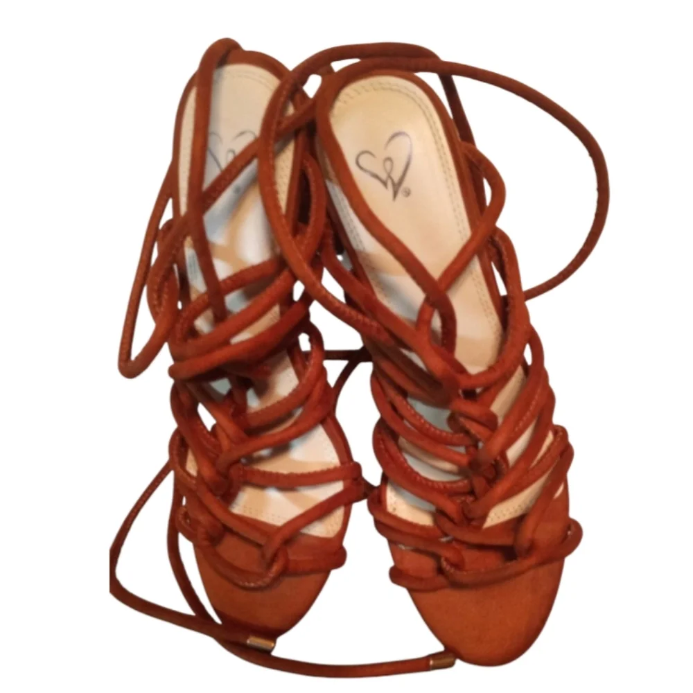 Suede Gladiator Sandals Open-Toe Lace-up Strappy Brown Shoes Women Size 7.5 - Picture 4 of 12